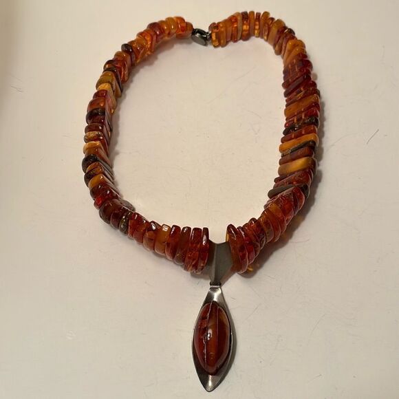 Lithuanian Baltic Amber Chunky Beaded Collar Necklace with Drop Pendant - Picture 1 of 9